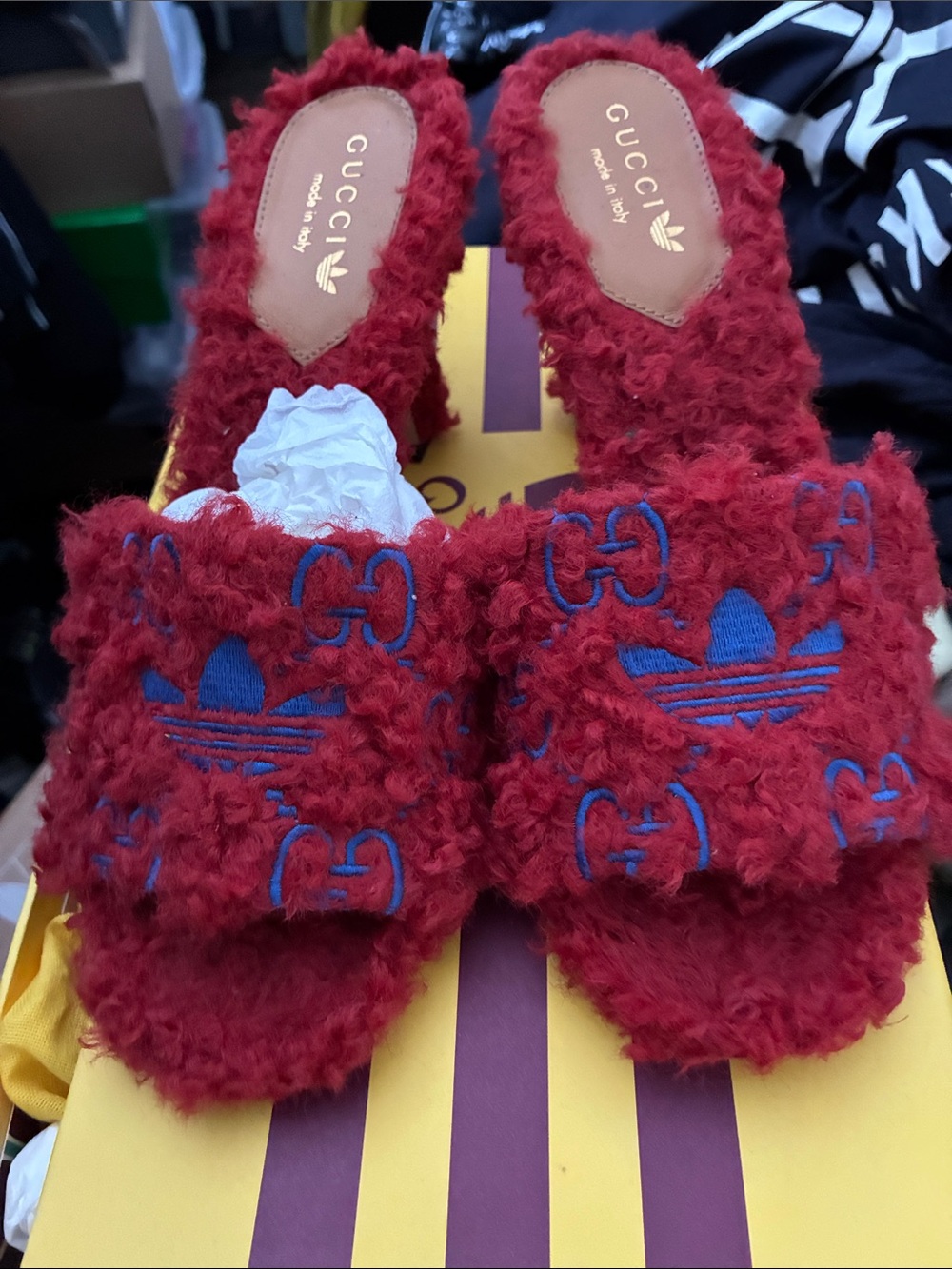 Gucci Red Faux-Shearling Slide Sandals with Blue Logo Embroidery